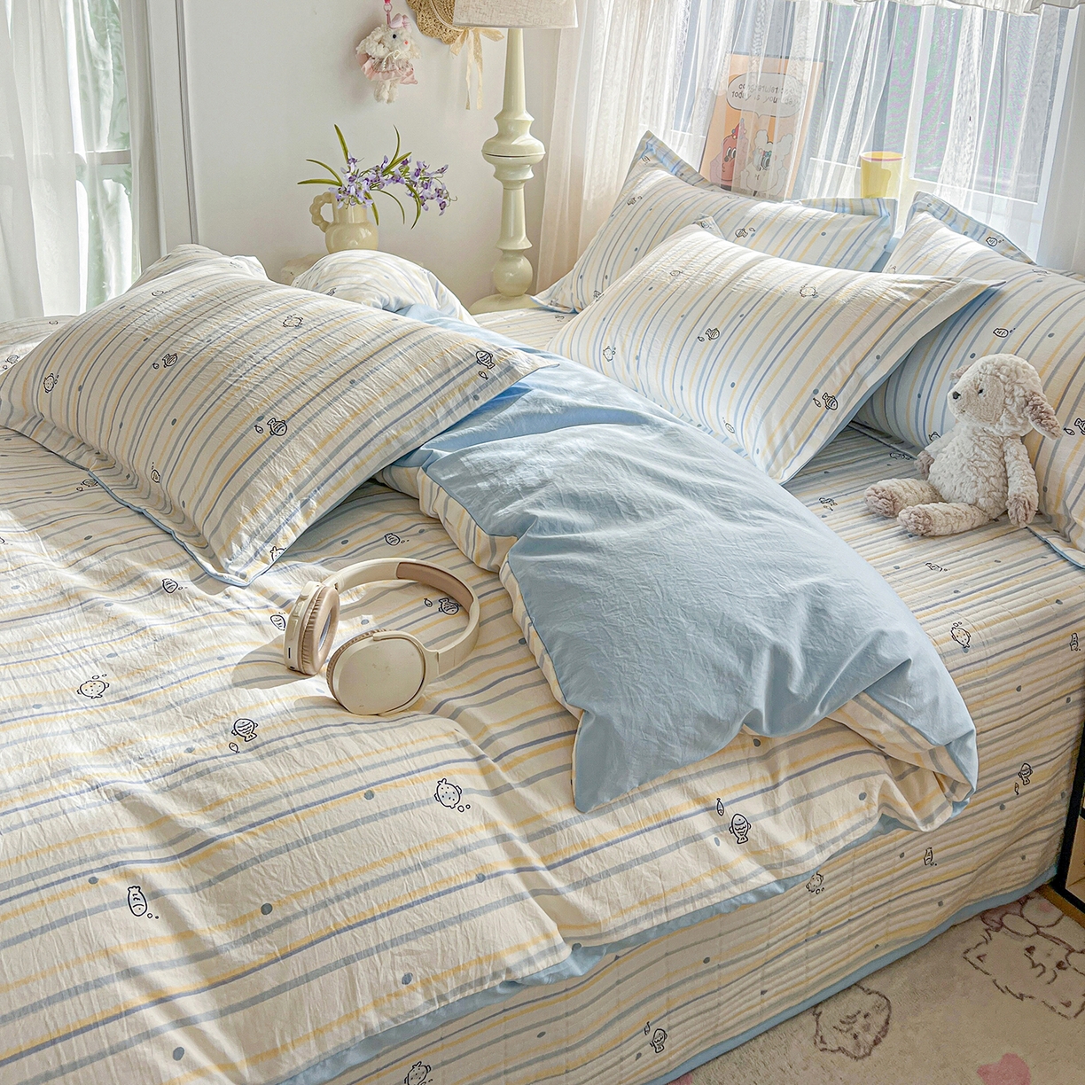 91家纺网 家纺一手货源 找家纺 仟网汇 2026新款亲肤舒适仿棉印花床盖四件套 鱼多多