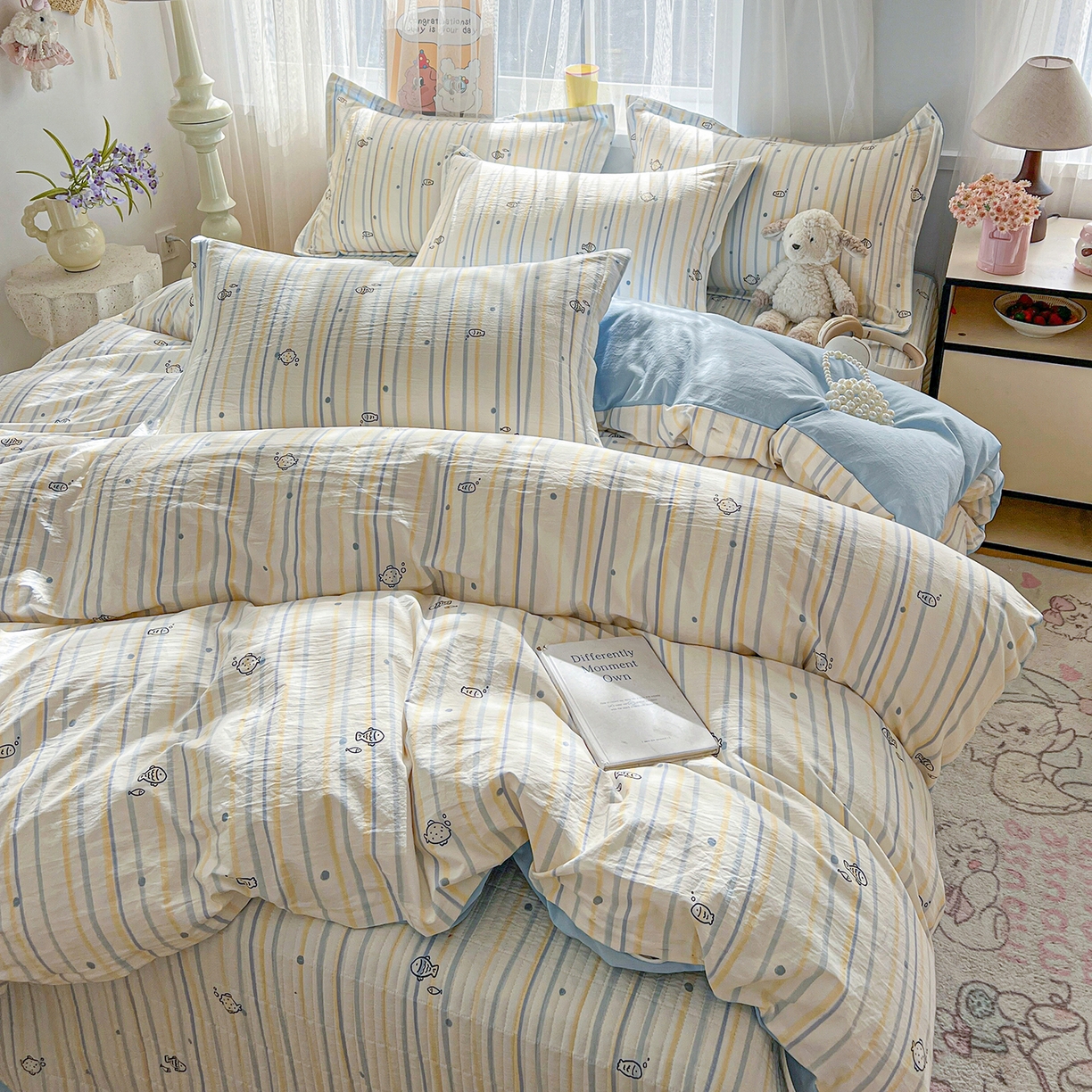 91家纺网 家纺一手货源 找家纺 仟网汇 2026新款亲肤舒适仿棉印花床盖四件套 鱼多多