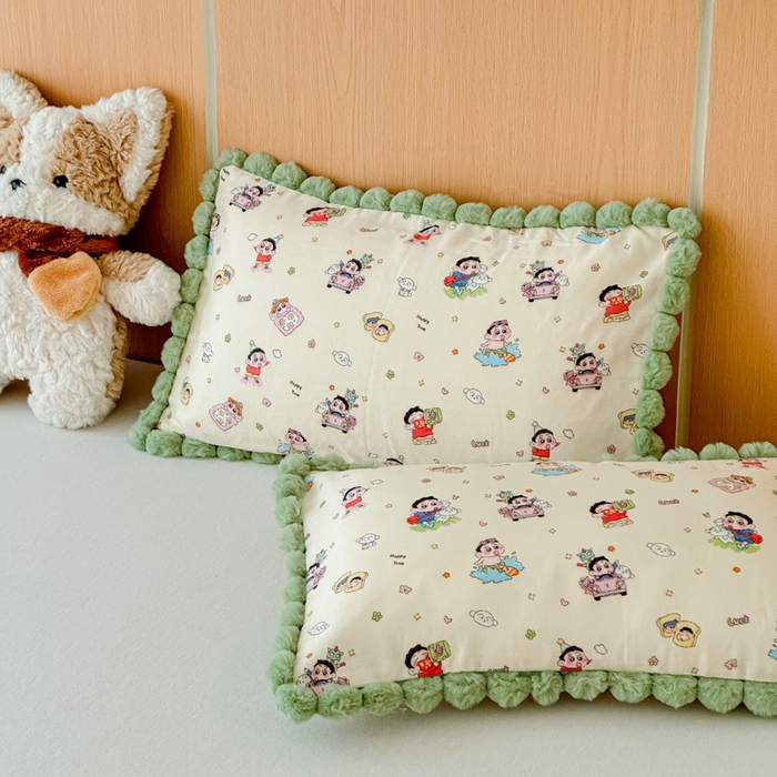 91家纺网 家纺一手货源 找家纺 （总）金丝鸟家纺 2026新款全棉双层纱毛球款枕套多规格儿童枕套