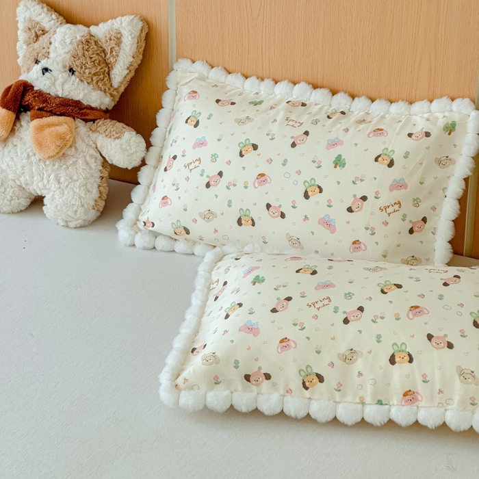 金丝鸟家纺 2026新款全棉双层纱毛球款枕套多规格儿童枕套 软萌游园会