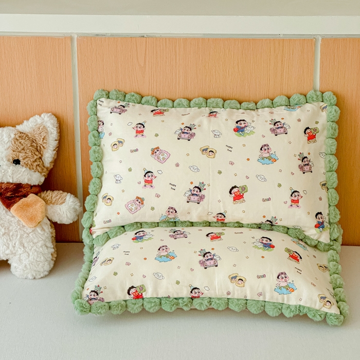 91家纺网 家纺一手货源 找家纺 金丝鸟家纺 2026新款全棉双层纱毛球款枕套多规格儿童枕套 吐司乐园