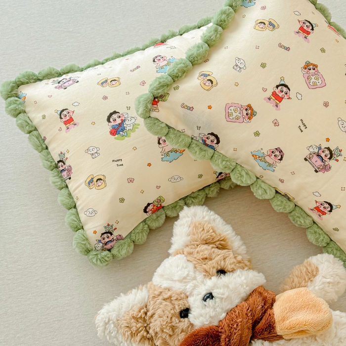 91家纺网 家纺一手货源 找家纺 金丝鸟家纺 2026新款全棉双层纱毛球款枕套多规格儿童枕套 吐司乐园