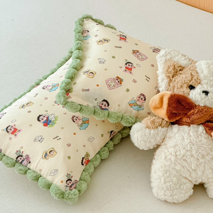 91家纺网 家纺一手货源 找家纺 金丝鸟家纺 2026新款全棉双层纱毛球款枕套多规格儿童枕套 吐司乐园