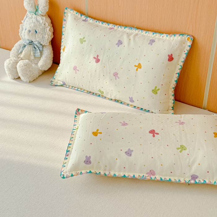金丝鸟家纺 2026新款全棉双层纱贝壳边款枕套多规格儿童枕套 彩色小兔子