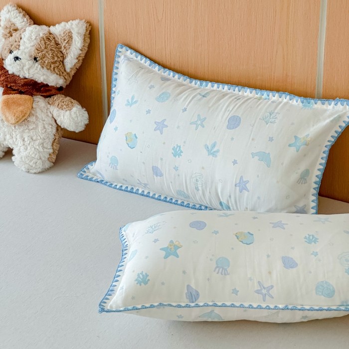 金丝鸟家纺 2026新款全棉双层纱贝壳边款枕套多规格儿童枕套 海底乐园 兰