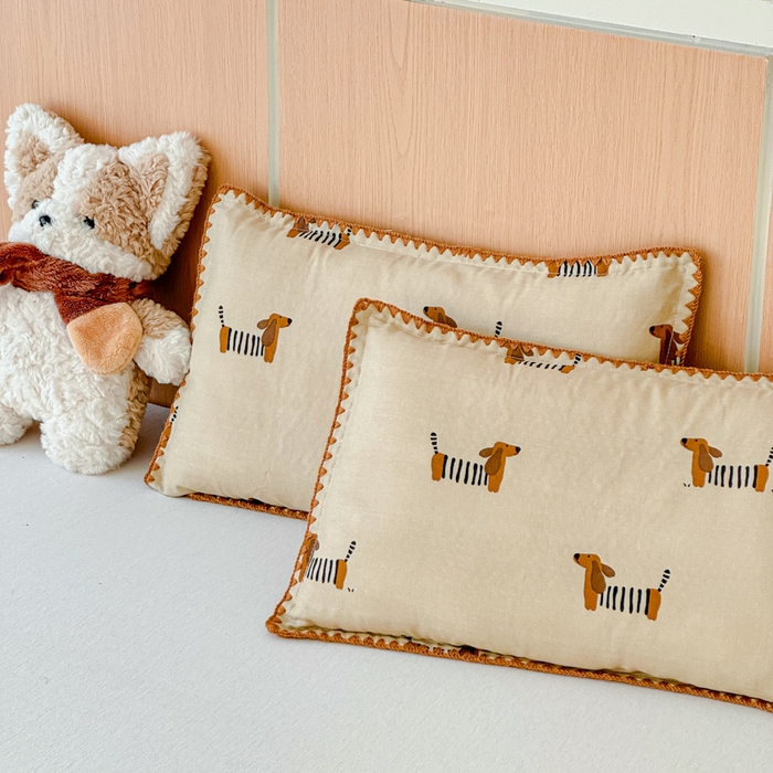 91家纺网 家纺一手货源 找家纺 金丝鸟家纺 2026新款全棉双层纱贝壳边款枕套多规格儿童枕套 拉条狗