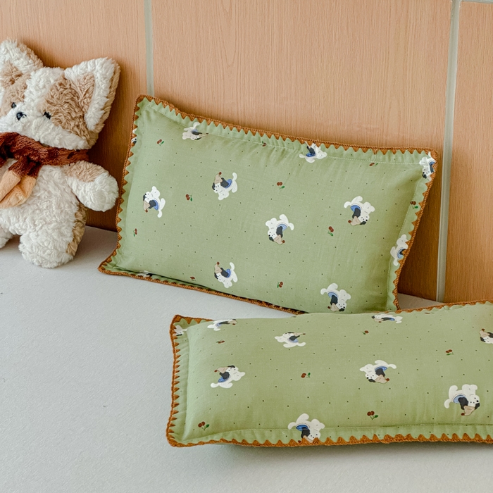 金丝鸟家纺 2026新款全棉双层纱贝壳边款枕套多规格儿童枕套 帽子狗 绿