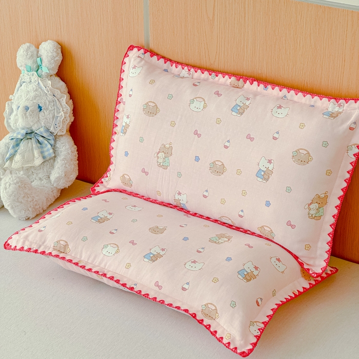 91家纺网 家纺一手货源 找家纺 金丝鸟家纺 2026新款全棉双层纱贝壳边款枕套多规格儿童枕套 奶味猫町 粉