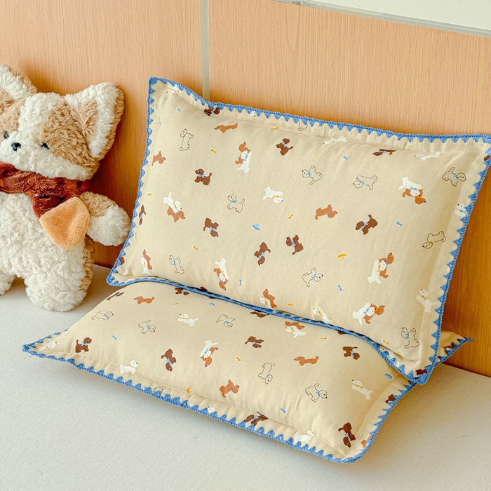 91家纺网 家纺一手货源 找家纺 金丝鸟家纺 2026新款全棉双层纱贝壳边款枕套多规格儿童枕套 暖系派对