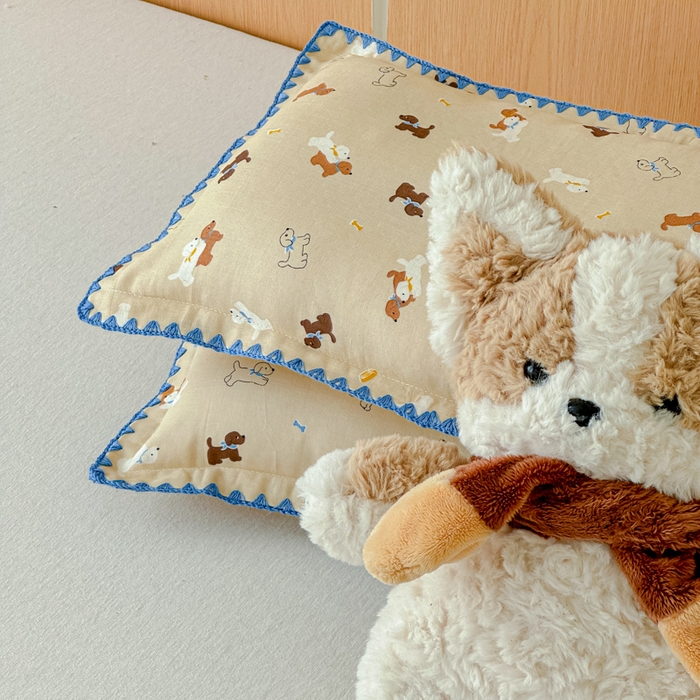 91家纺网 家纺一手货源 找家纺 金丝鸟家纺 2026新款全棉双层纱贝壳边款枕套多规格儿童枕套 暖系派对