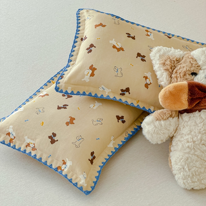 91家纺网 家纺一手货源 找家纺 金丝鸟家纺 2026新款全棉双层纱贝壳边款枕套多规格儿童枕套 暖系派对