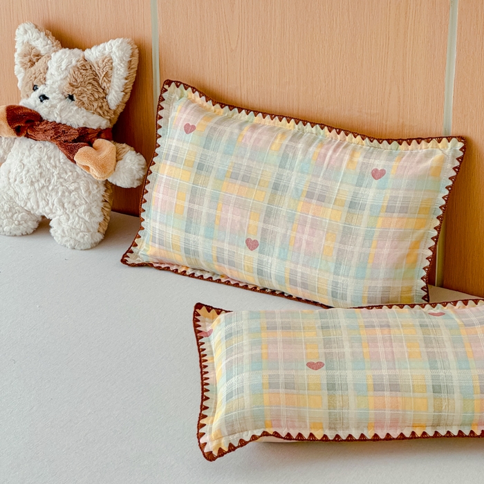 金丝鸟家纺 2026新款全棉双层纱贝壳边款枕套多规格儿童枕套 七彩方格