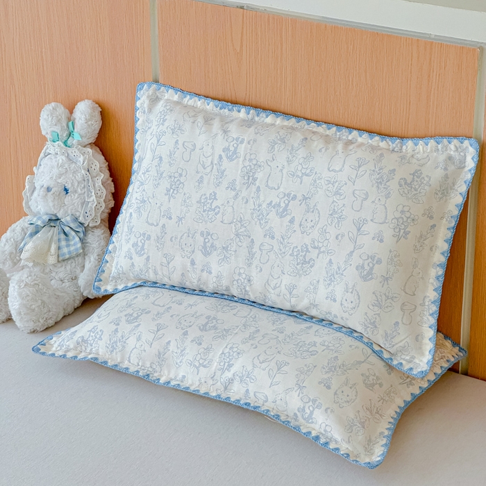 91家纺网 家纺一手货源 找家纺 金丝鸟家纺 2026新款全棉双层纱贝壳边款枕套多规格儿童枕套 芋泥兔兔 兰