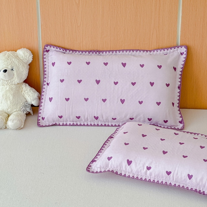 91家纺网 家纺一手货源 找家纺 金丝鸟家纺 2026新款全棉双层纱贝壳边款枕套多规格儿童枕套 紫色心情