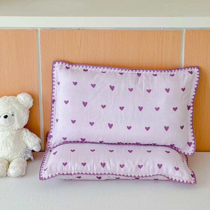 91家纺网 家纺一手货源 找家纺 金丝鸟家纺 2026新款全棉双层纱贝壳边款枕套多规格儿童枕套 紫色心情