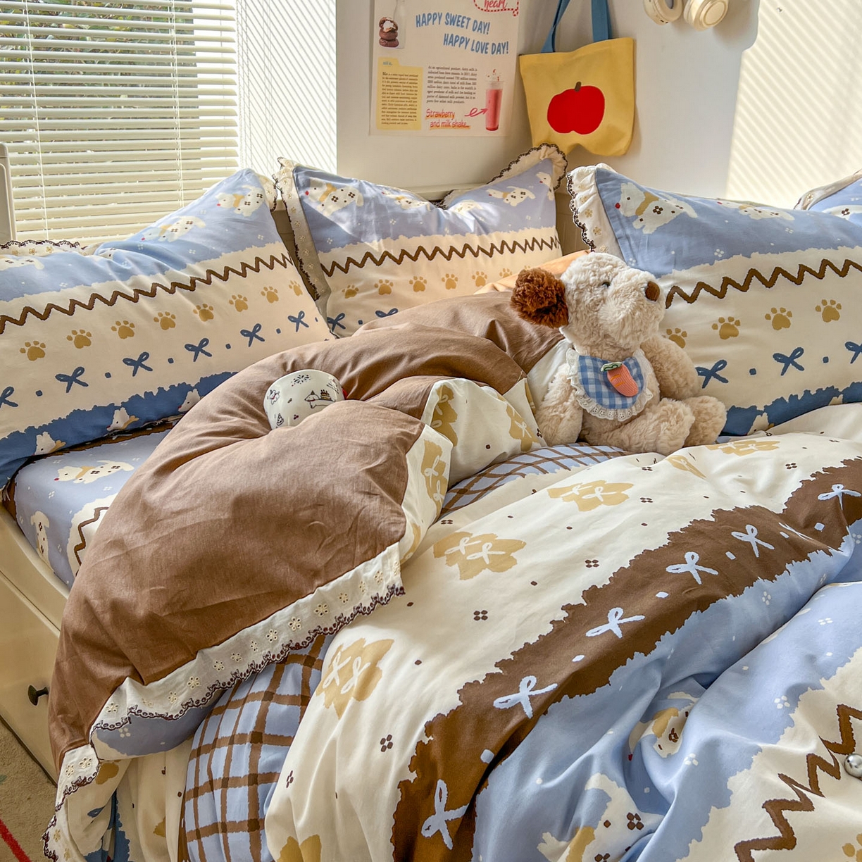 91家纺网 家纺一手货源 找家纺 （总）希诺家居 2025新款费尔岛风全棉纯棉四件套韩式小清新花边四件套