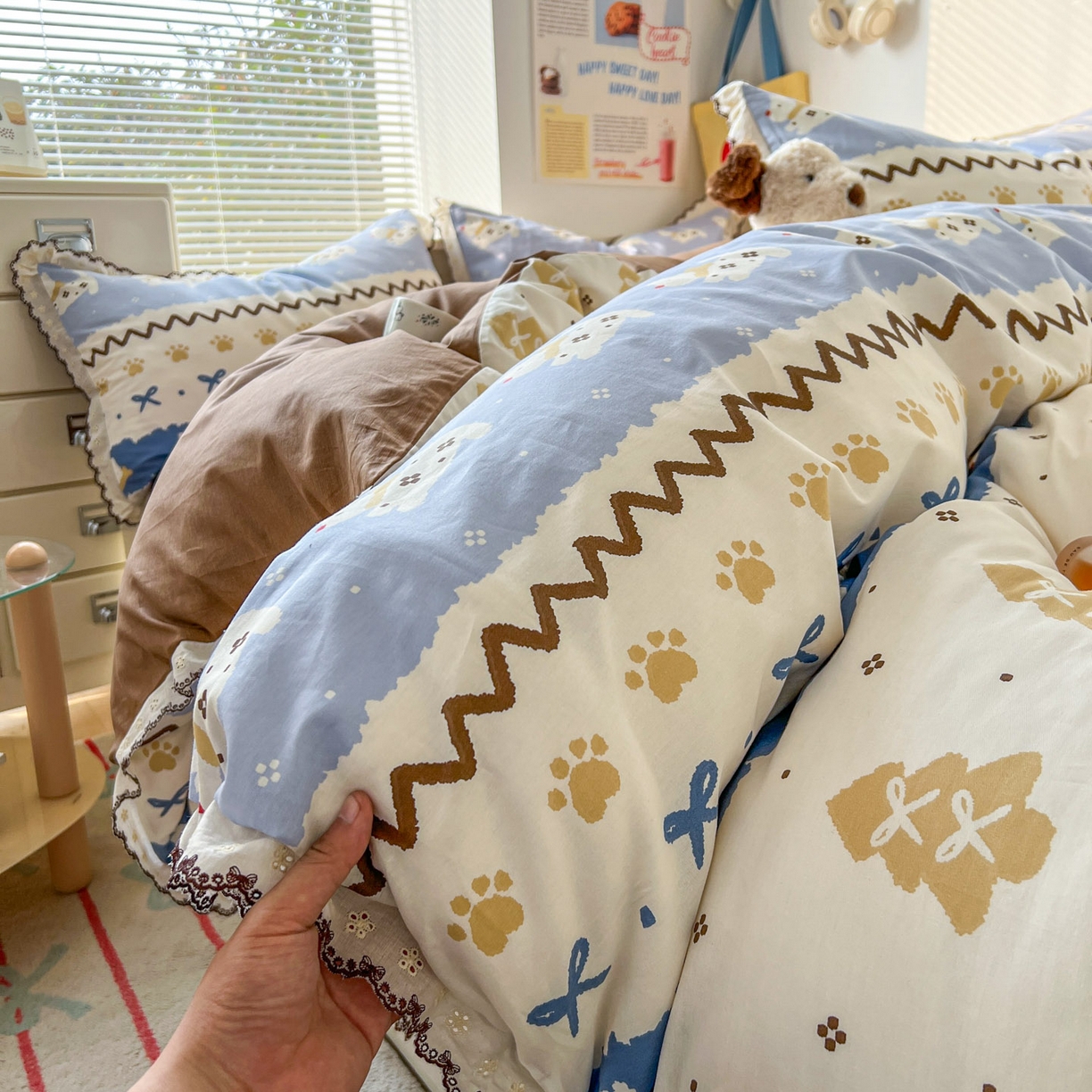 91家纺网 家纺一手货源 找家纺 （总）希诺家居 2025新款费尔岛风全棉纯棉四件套韩式小清新花边四件套