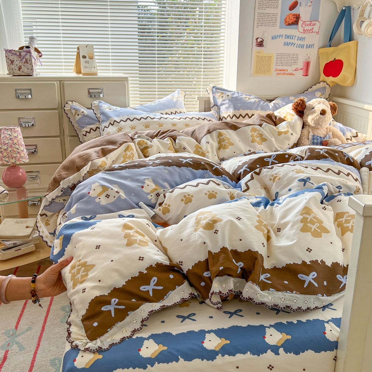 91家纺网 家纺一手货源 找家纺 （总）希诺家居 2025新款费尔岛风全棉纯棉四件套韩式小清新花边四件套