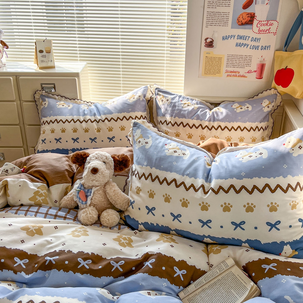 91家纺网 家纺一手货源 找家纺 希诺家居 2025新款费尔岛风全棉纯棉四件套韩式小清新花边四件套 费尔岛围巾小狗