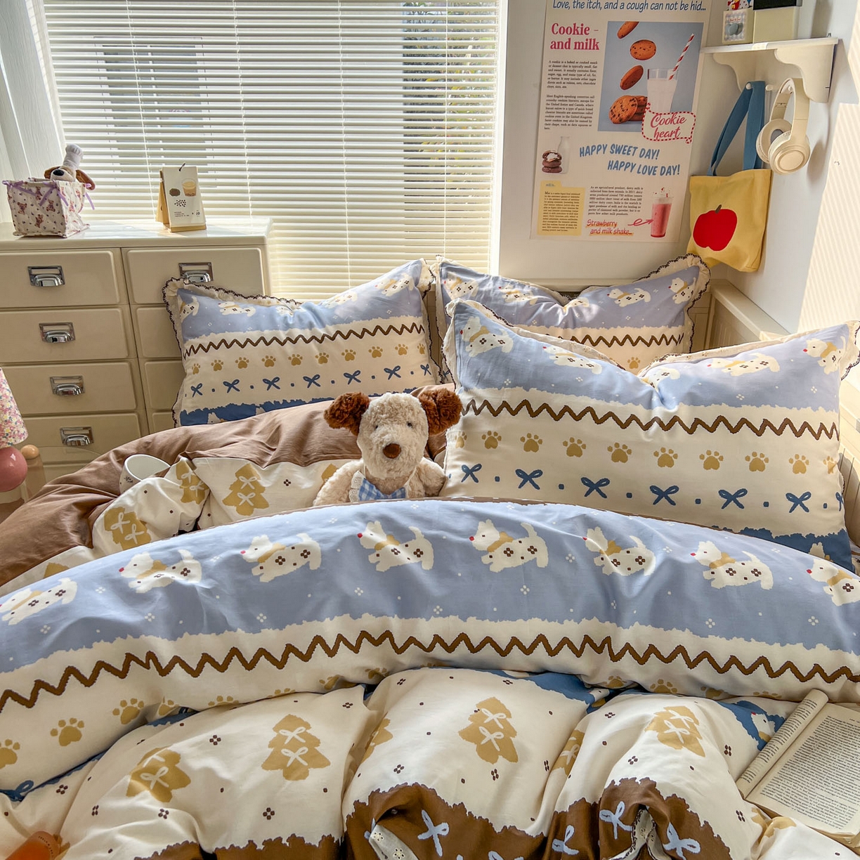 91家纺网 家纺一手货源 找家纺 希诺家居 2025新款费尔岛风全棉纯棉四件套韩式小清新花边四件套 费尔岛围巾小狗