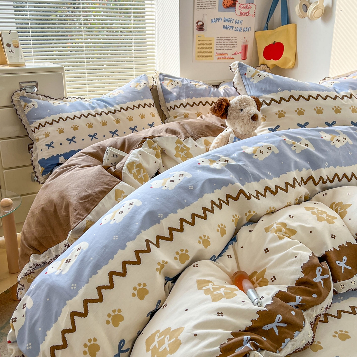 91家纺网 家纺一手货源 找家纺 希诺家居 2025新款费尔岛风全棉纯棉四件套韩式小清新花边四件套 费尔岛围巾小狗