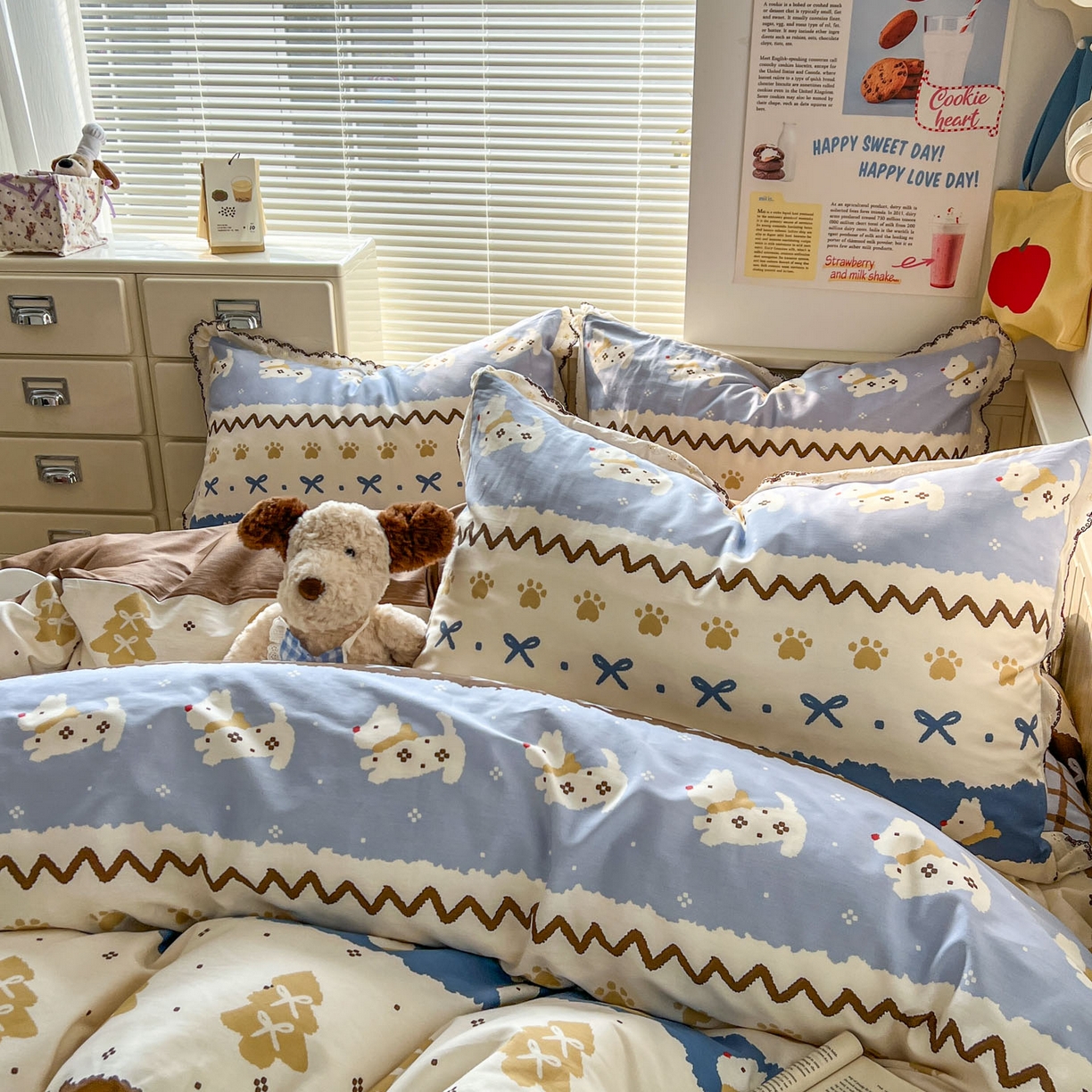 91家纺网 家纺一手货源 找家纺 希诺家居 2025新款费尔岛风全棉纯棉四件套韩式小清新花边四件套 费尔岛围巾小狗