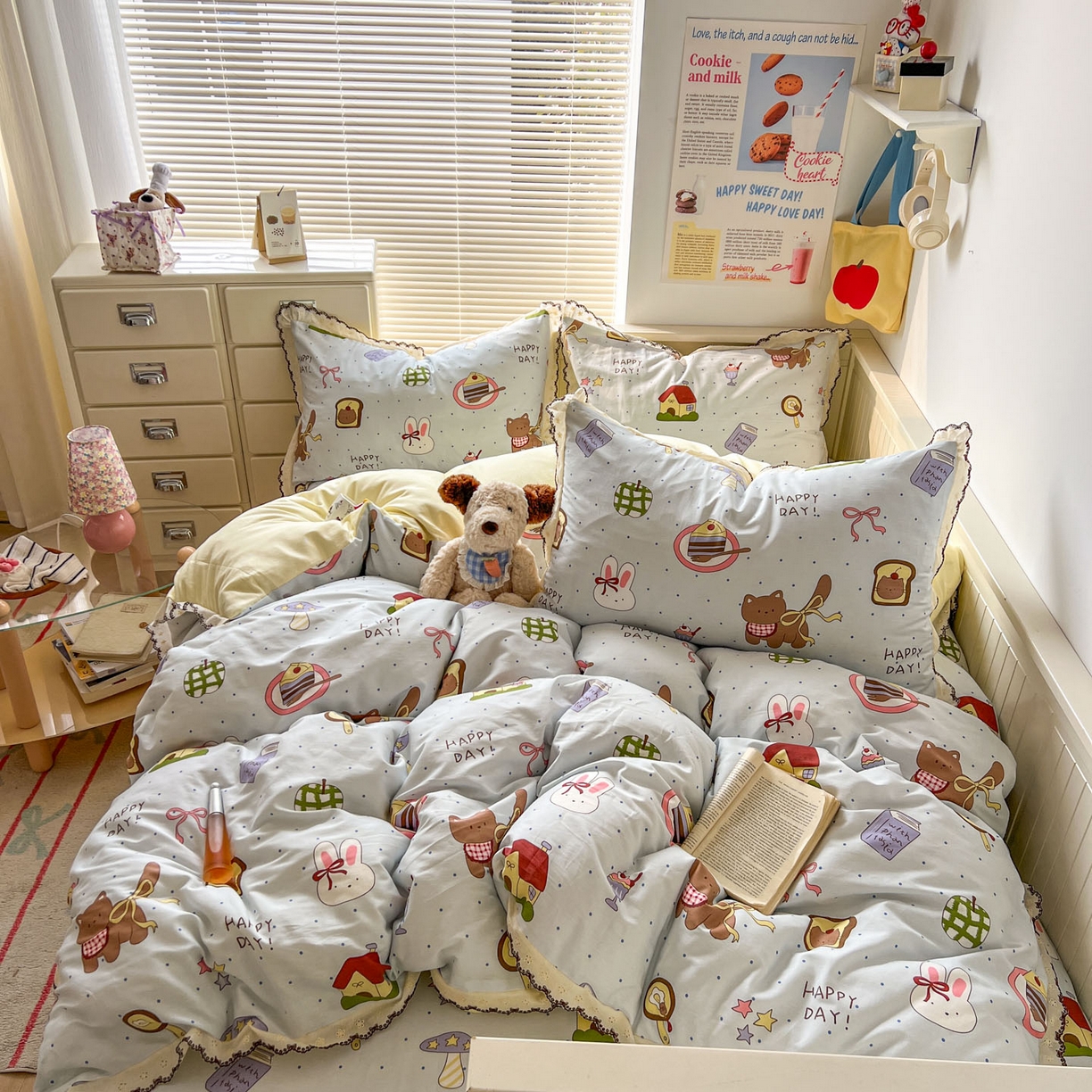 91家纺网 家纺一手货源 找家纺 希诺家居 2025新款费尔岛风全棉纯棉四件套韩式小清新花边四件套 萌趣烘焙屋