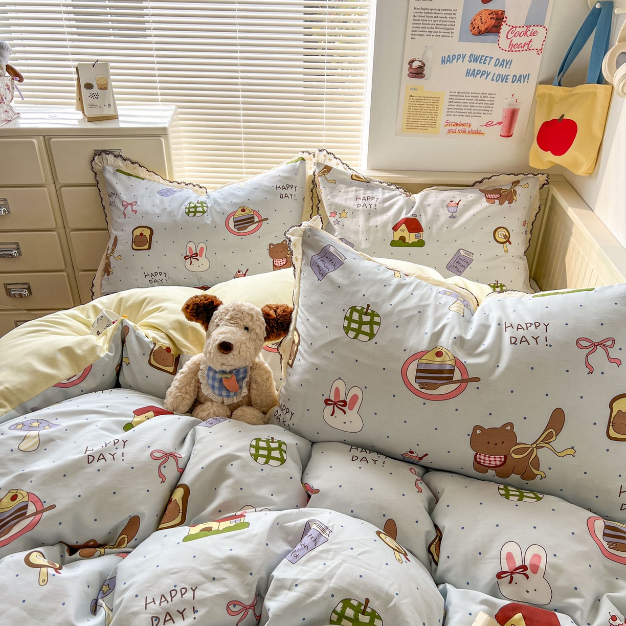 91家纺网 家纺一手货源 找家纺 希诺家居 2025新款费尔岛风全棉纯棉四件套韩式小清新花边四件套 萌趣烘焙屋