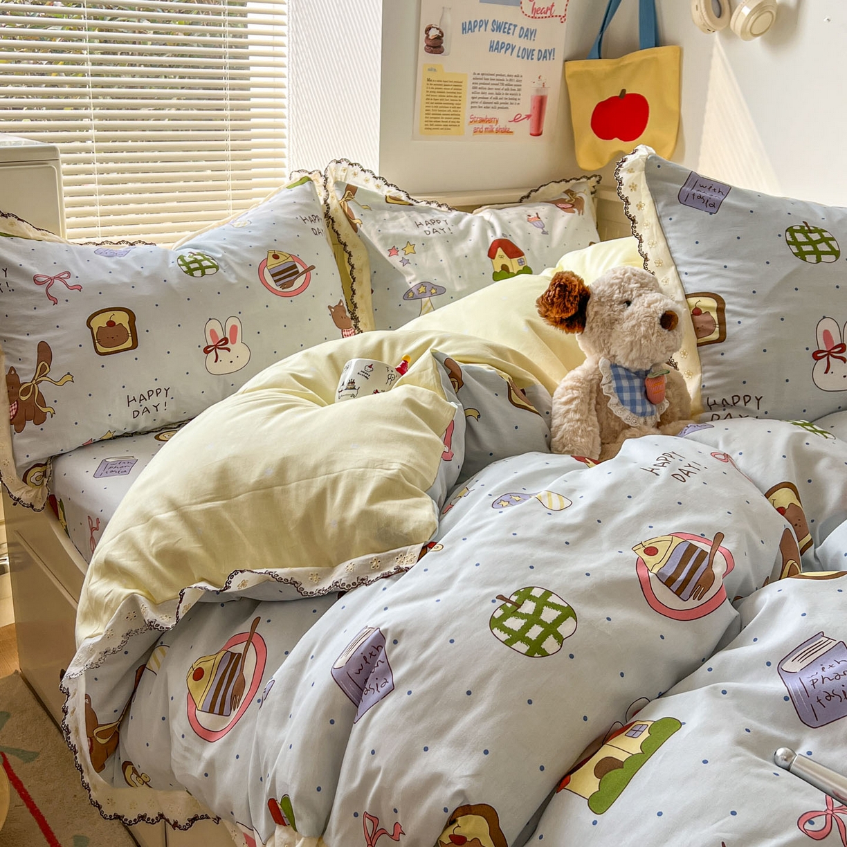 91家纺网 家纺一手货源 找家纺 希诺家居 2025新款费尔岛风全棉纯棉四件套韩式小清新花边四件套 萌趣烘焙屋