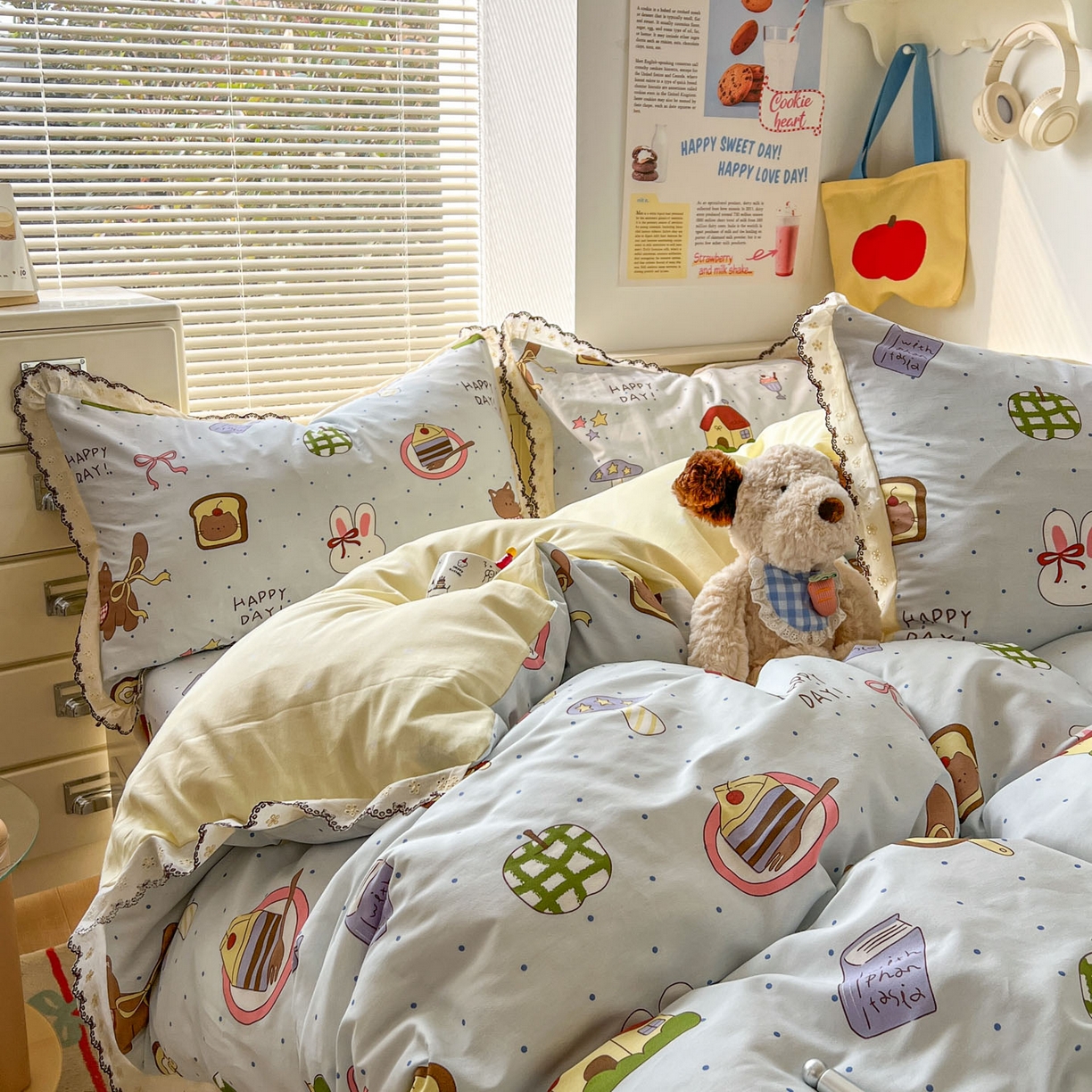 91家纺网 家纺一手货源 找家纺 希诺家居 2025新款费尔岛风全棉纯棉四件套韩式小清新花边四件套 萌趣烘焙屋