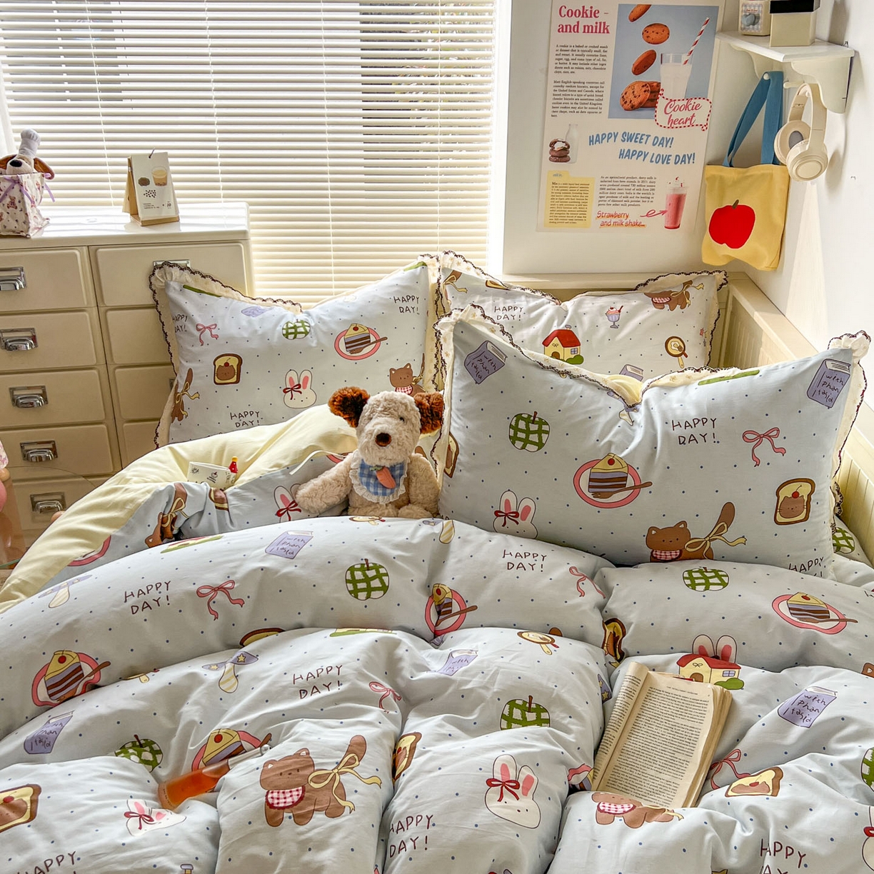 91家纺网 家纺一手货源 找家纺 希诺家居 2025新款费尔岛风全棉纯棉四件套韩式小清新花边四件套 萌趣烘焙屋