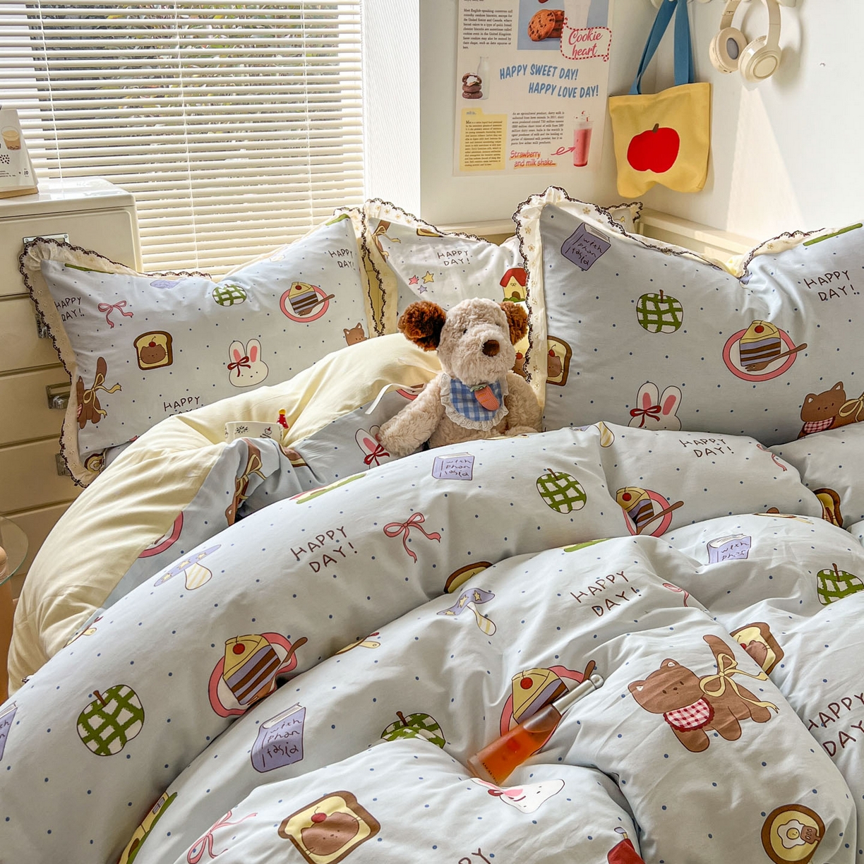 91家纺网 家纺一手货源 找家纺 希诺家居 2025新款费尔岛风全棉纯棉四件套韩式小清新花边四件套 萌趣烘焙屋