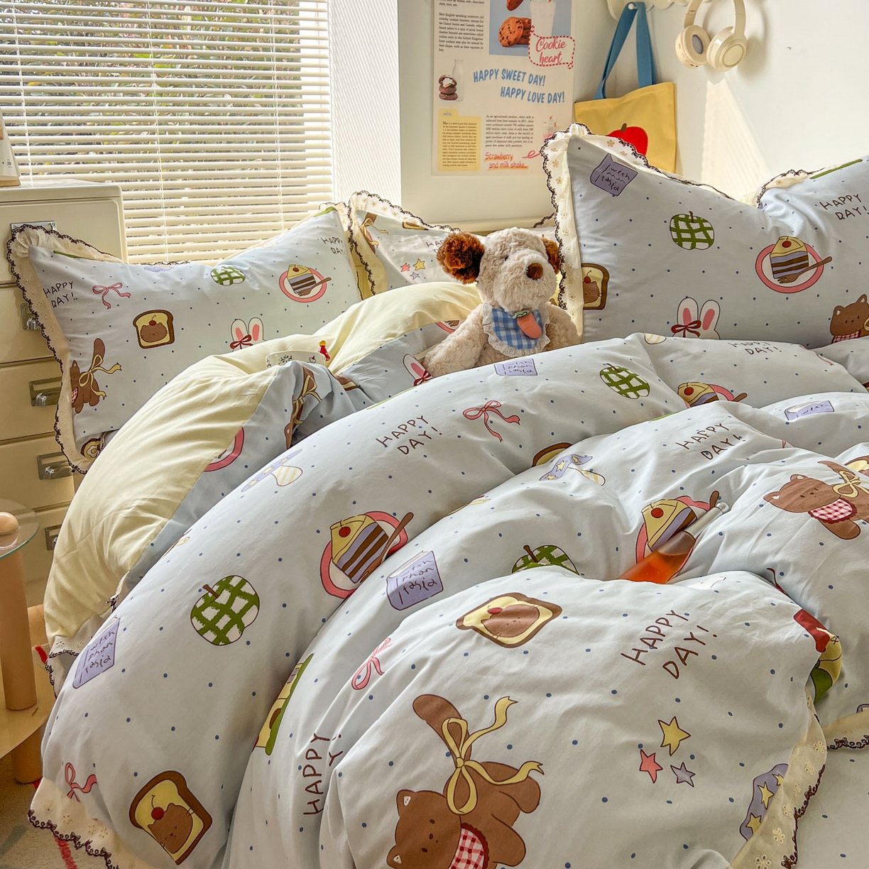 91家纺网 家纺一手货源 找家纺 希诺家居 2025新款费尔岛风全棉纯棉四件套韩式小清新花边四件套 萌趣烘焙屋