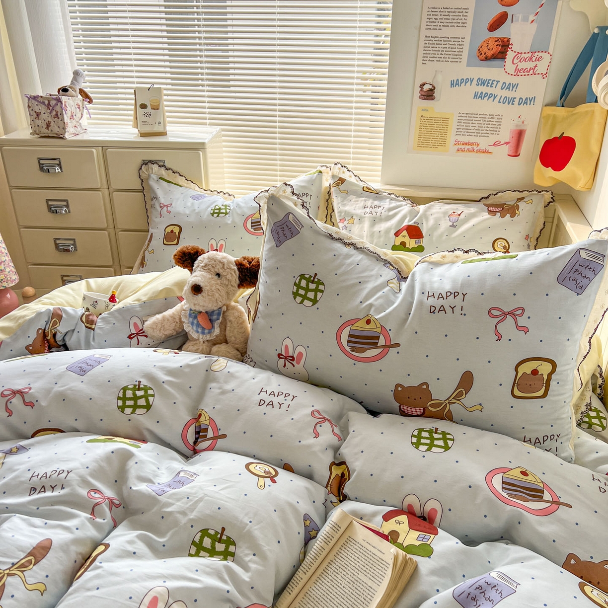 91家纺网 家纺一手货源 找家纺 希诺家居 2025新款费尔岛风全棉纯棉四件套韩式小清新花边四件套 萌趣烘焙屋