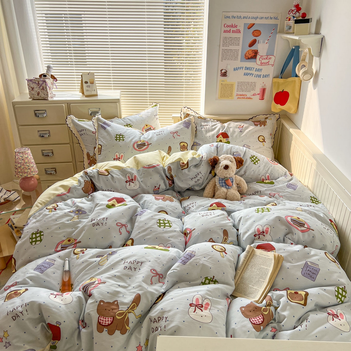 91家纺网 家纺一手货源 找家纺 希诺家居 2025新款费尔岛风全棉纯棉四件套韩式小清新花边四件套 萌趣烘焙屋