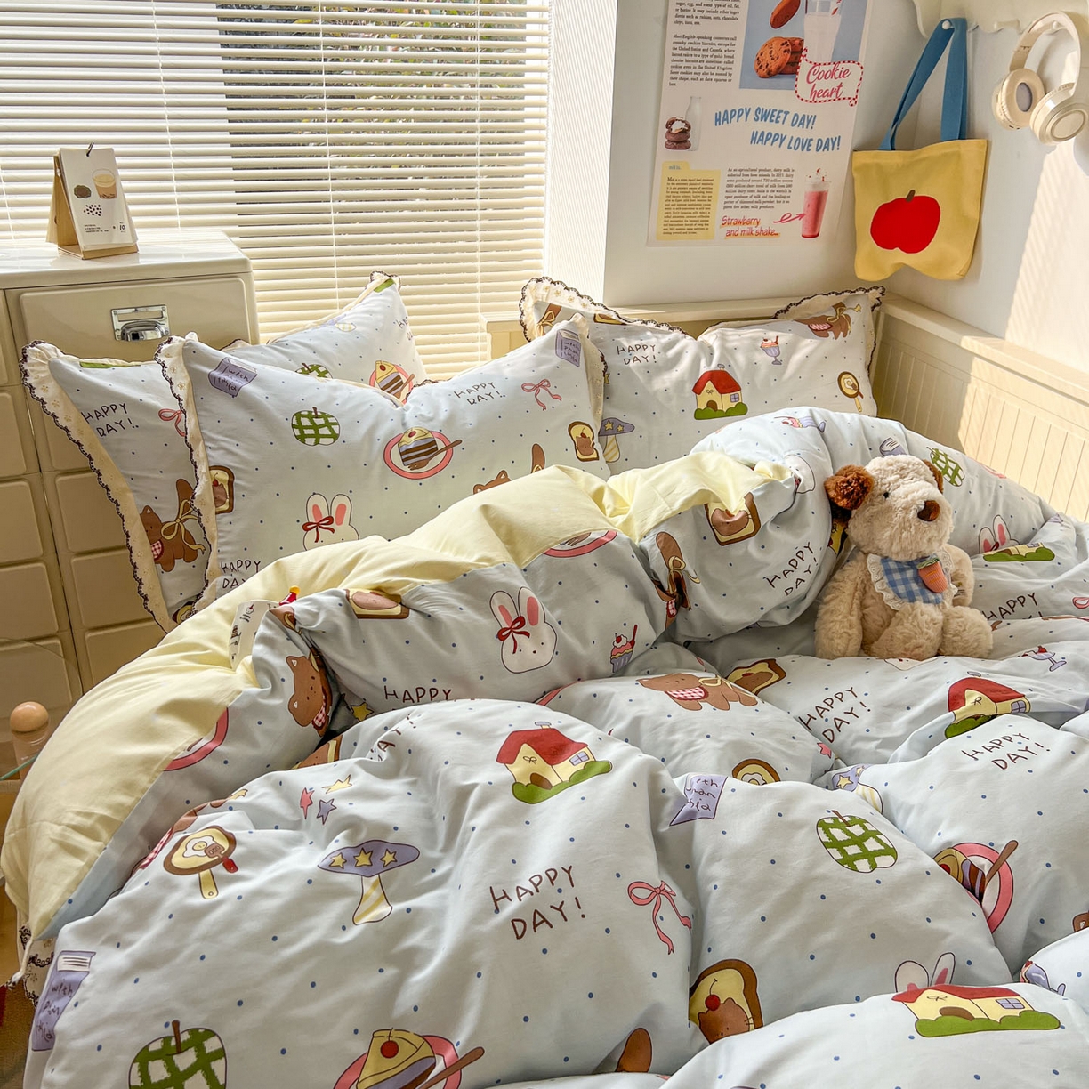 91家纺网 家纺一手货源 找家纺 希诺家居 2025新款费尔岛风全棉纯棉四件套韩式小清新花边四件套 萌趣烘焙屋