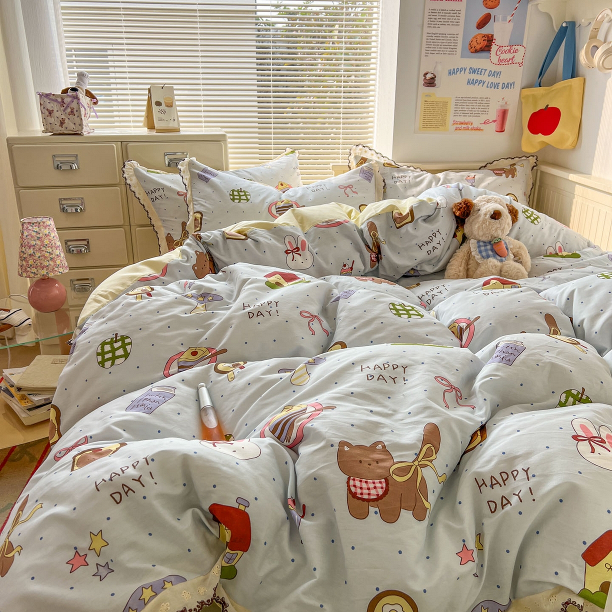 91家纺网 家纺一手货源 找家纺 希诺家居 2025新款费尔岛风全棉纯棉四件套韩式小清新花边四件套 萌趣烘焙屋