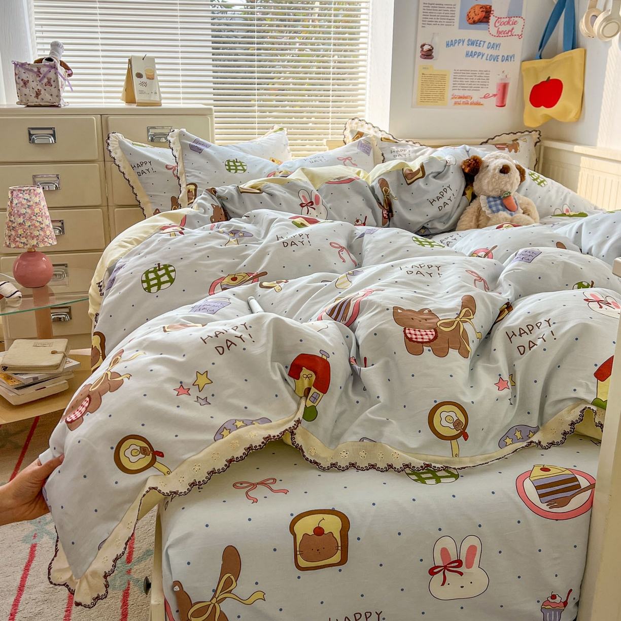 91家纺网 家纺一手货源 找家纺 希诺家居 2025新款费尔岛风全棉纯棉四件套韩式小清新花边四件套 萌趣烘焙屋