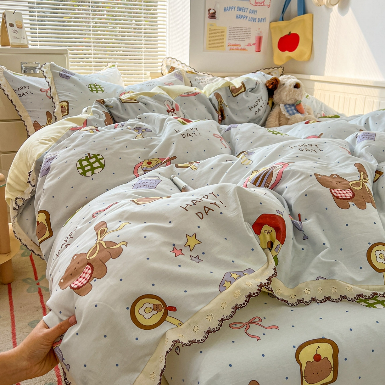 91家纺网 家纺一手货源 找家纺 希诺家居 2025新款费尔岛风全棉纯棉四件套韩式小清新花边四件套 萌趣烘焙屋