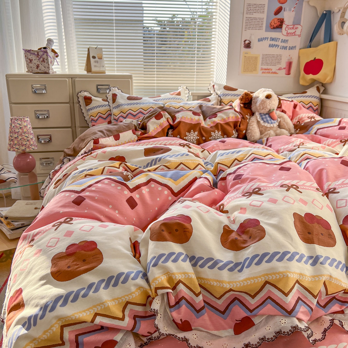 91家纺网 家纺一手货源 找家纺 希诺家居 2025新款费尔岛风全棉纯棉四件套韩式小清新花边四件套 秘境苹果猫