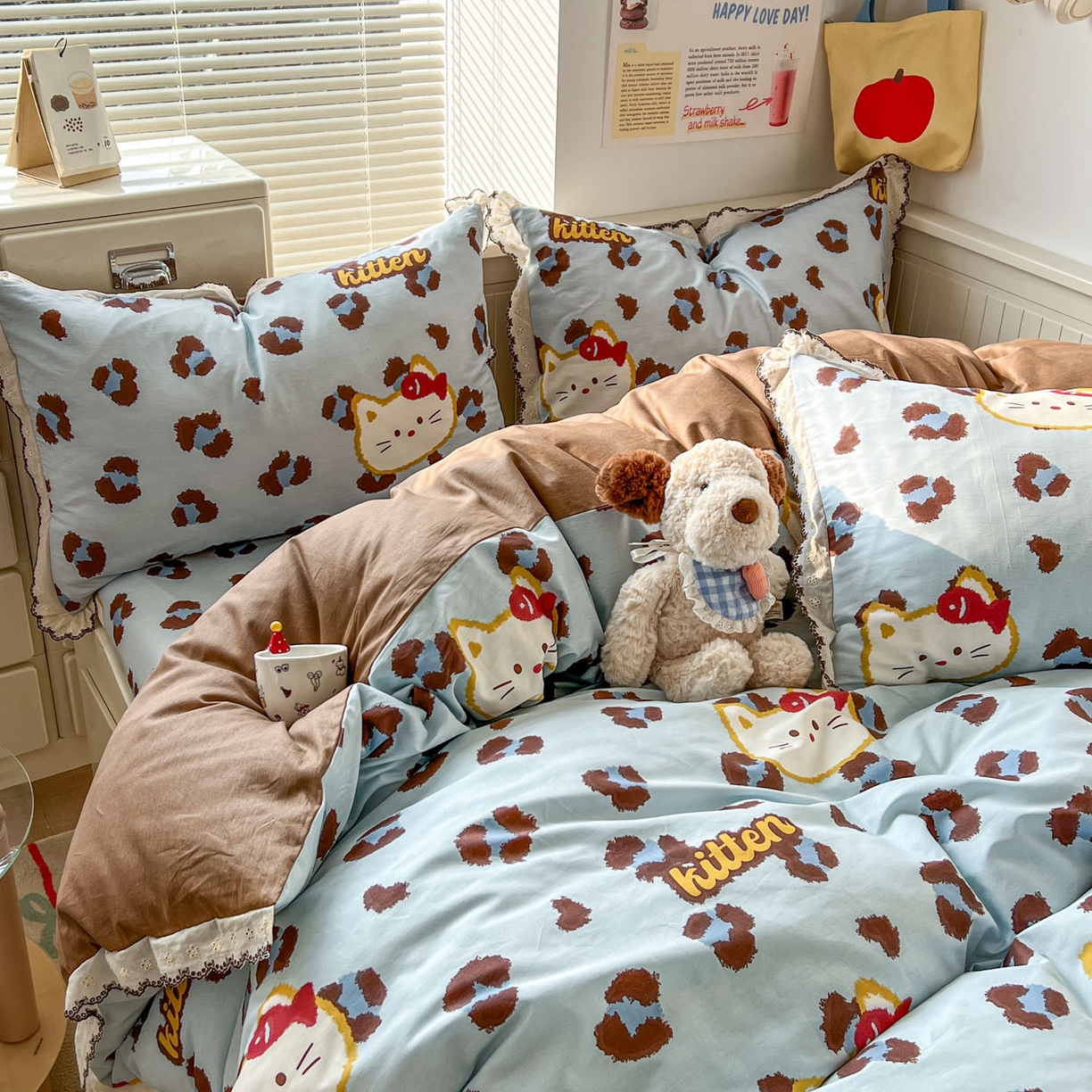 希诺家居 2025新款费尔岛风全棉纯棉四件套韩式小清新花边四件套 千禧喵-蓝