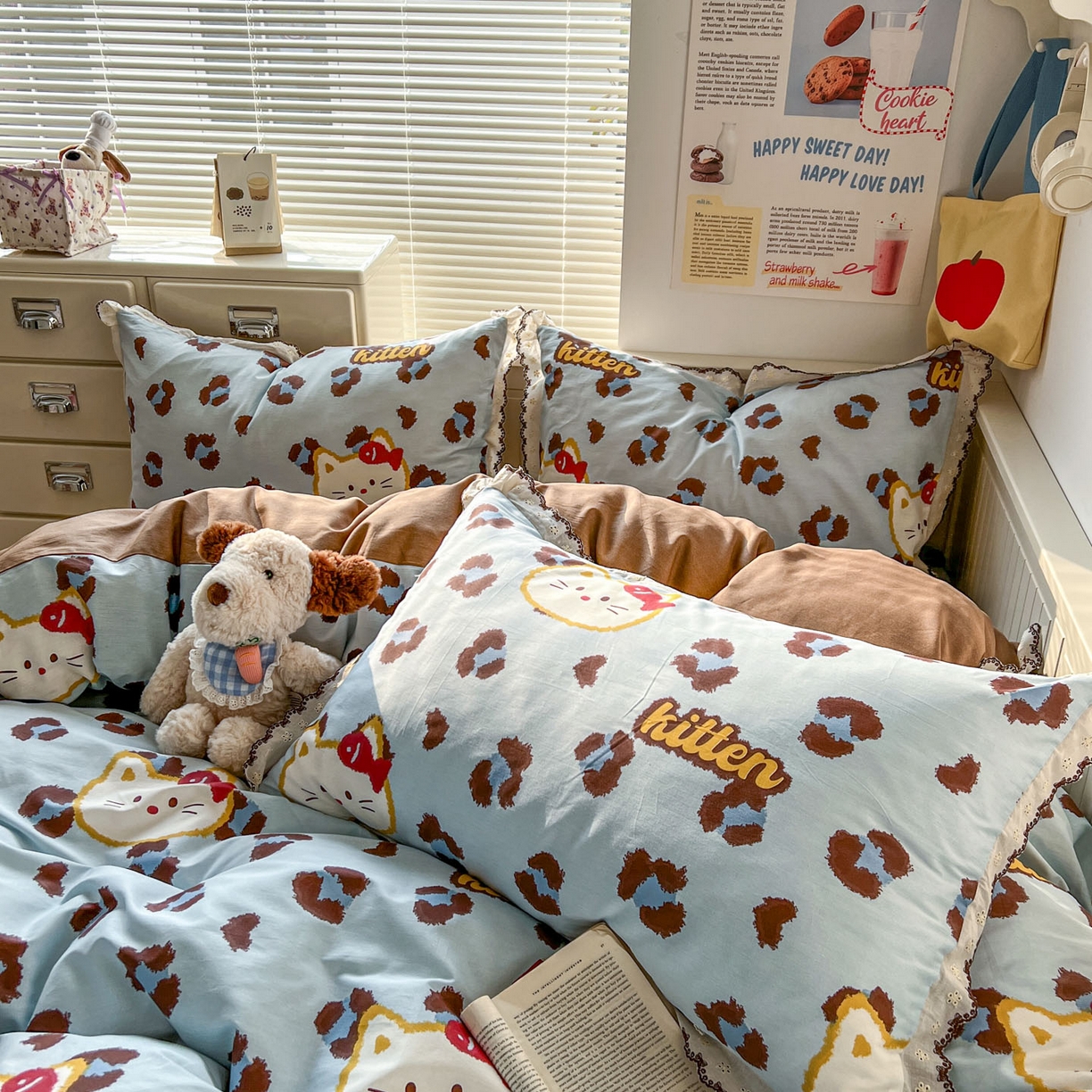 91家纺网 家纺一手货源 找家纺 希诺家居 2025新款费尔岛风全棉纯棉四件套韩式小清新花边四件套 千禧喵-蓝