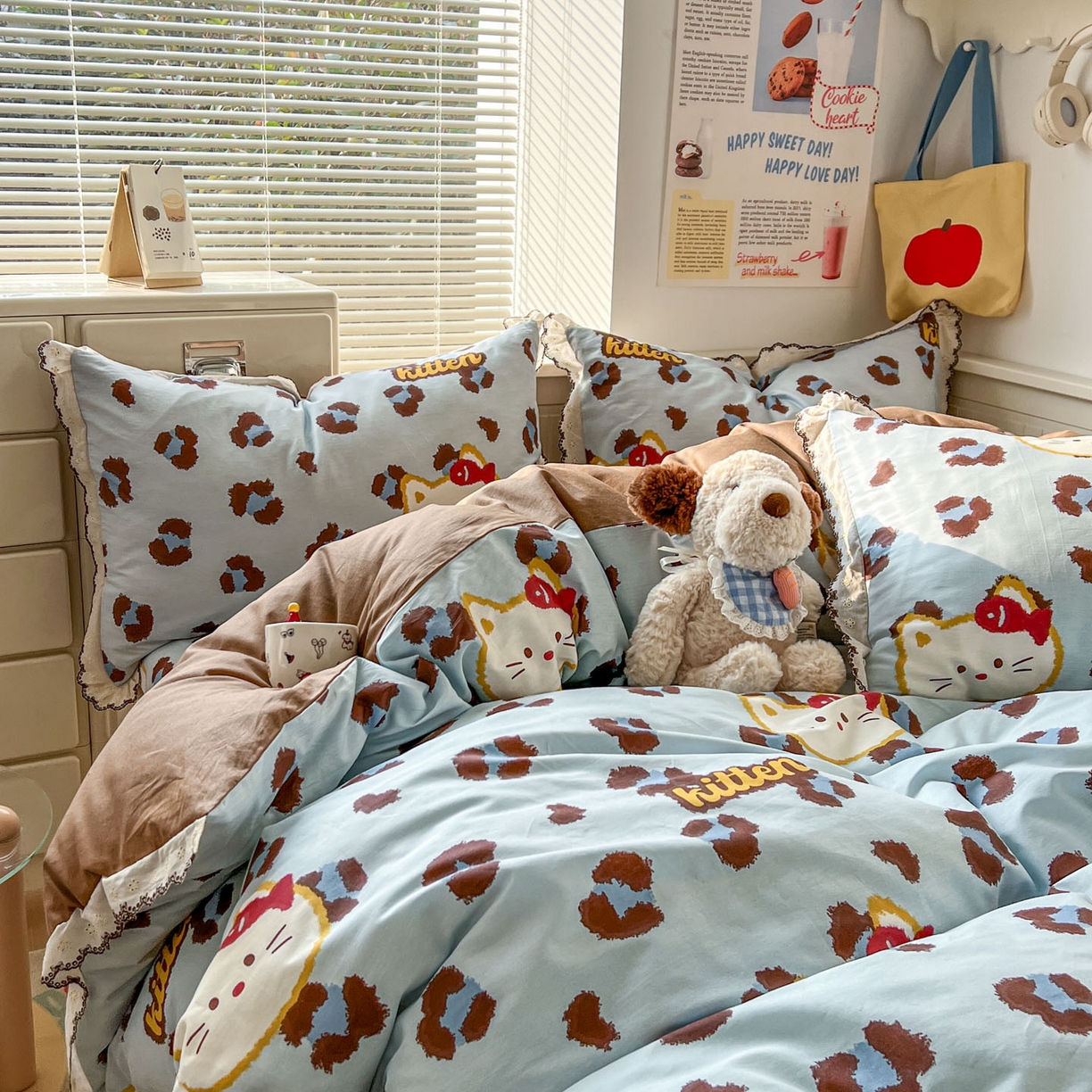 91家纺网 家纺一手货源 找家纺 希诺家居 2025新款费尔岛风全棉纯棉四件套韩式小清新花边四件套 千禧喵-蓝