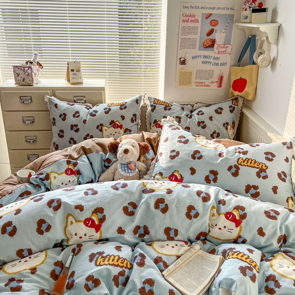 91家纺网 家纺一手货源 找家纺 希诺家居 2025新款费尔岛风全棉纯棉四件套韩式小清新花边四件套 千禧喵-蓝