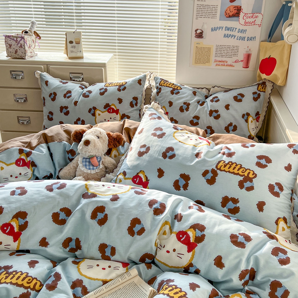 91家纺网 家纺一手货源 找家纺 希诺家居 2025新款费尔岛风全棉纯棉四件套韩式小清新花边四件套 千禧喵-蓝