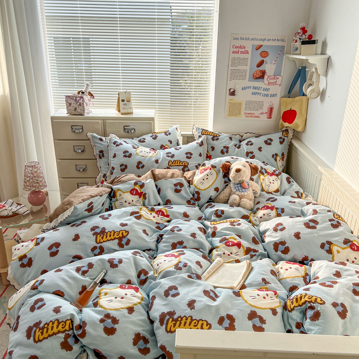 91家纺网 家纺一手货源 找家纺 希诺家居 2025新款费尔岛风全棉纯棉四件套韩式小清新花边四件套 千禧喵-蓝