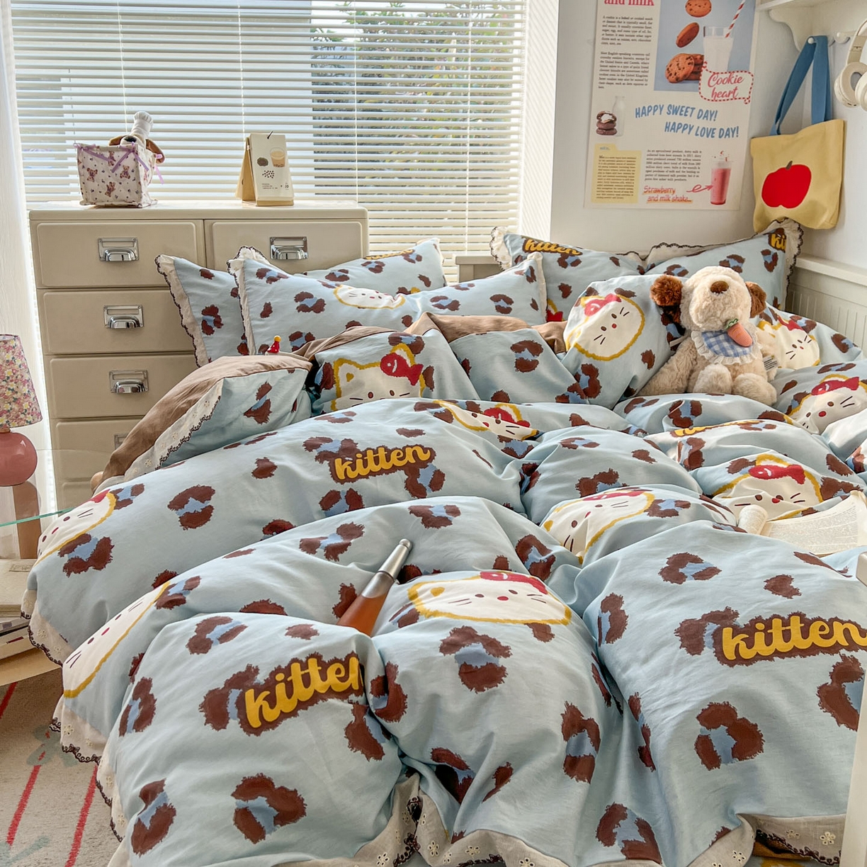 91家纺网 家纺一手货源 找家纺 希诺家居 2025新款费尔岛风全棉纯棉四件套韩式小清新花边四件套 千禧喵-蓝