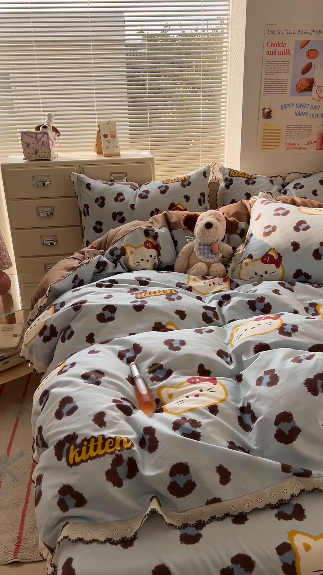 91家纺网 家纺一手货源 找家纺 希诺家居 2025新款费尔岛风全棉纯棉四件套韩式小清新花边四件套 千禧喵-蓝