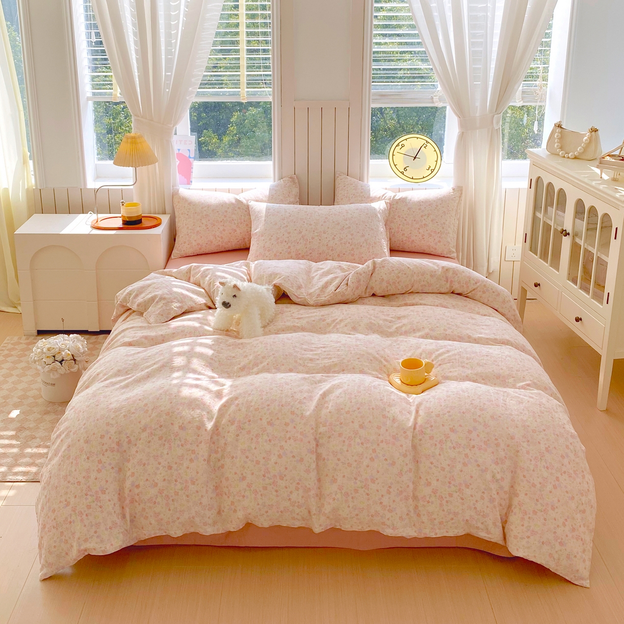 91家纺网 家纺一手货源 找家纺 春皖家纺 2026新款A类全棉有氧双层纱印花四件套单品系列-四件套 旧梦朝花