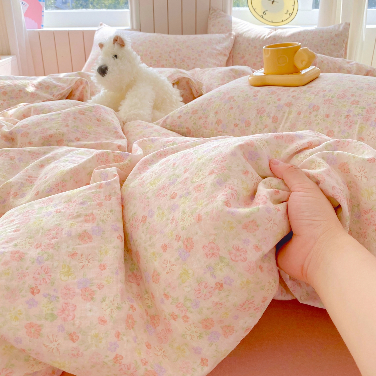 91家纺网 家纺一手货源 找家纺 春皖家纺 2026新款A类全棉有氧双层纱印花四件套单品系列-四件套 旧梦朝花